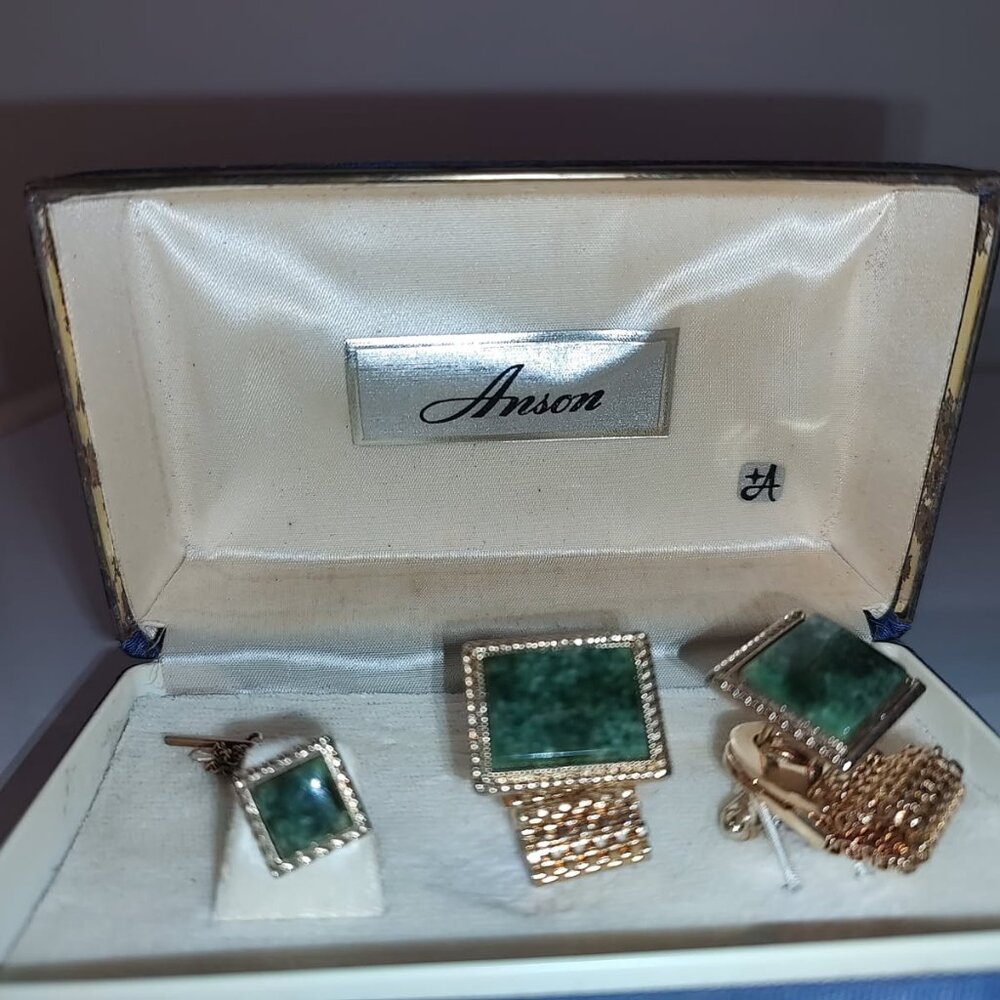 Vintage Anson Green Stone Tie Tack Clip and Cuff Clips